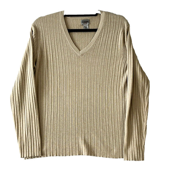 Chicos Womens Size 3 V Neck Sweater Ribbed Beige Gold Threads Metallic Stretchy - Picture 1 of 8